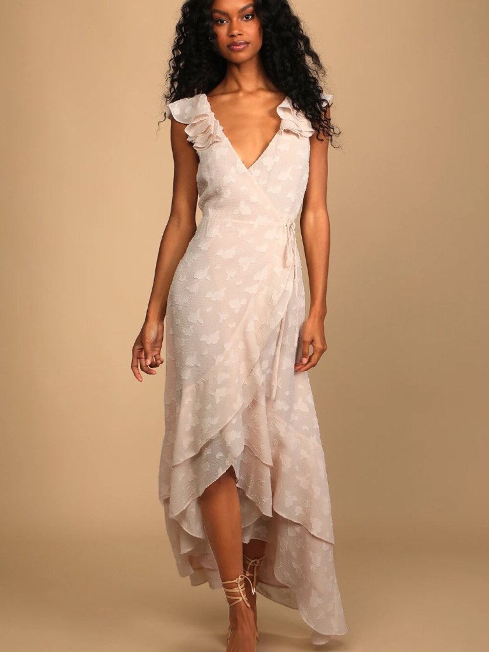 Anthropologie If By Sea Jacquard Wrap High Low Tiered Midi Dress Pale Pink XS